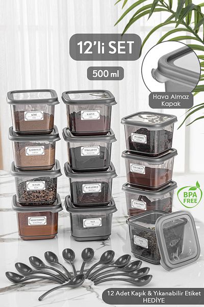 Meleni Home Set of 12 Square Food Storage Container with Leak Proof Lid Anthracite 12 X 0.50 Lt Label