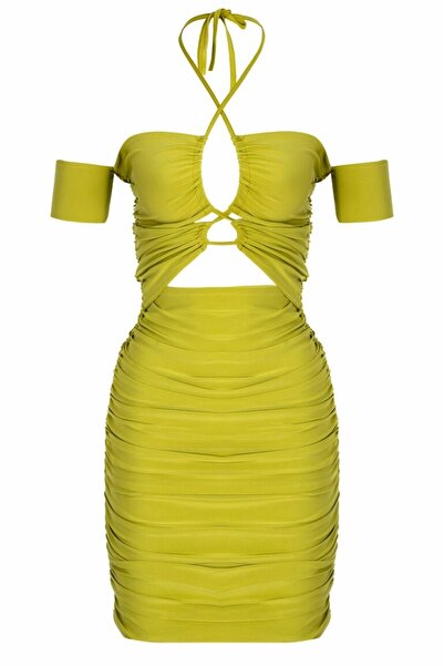 yuuj design store Yağ Yeşili Önden Veya Boyundan Bağlamalı Drapeli Kollu Mini...