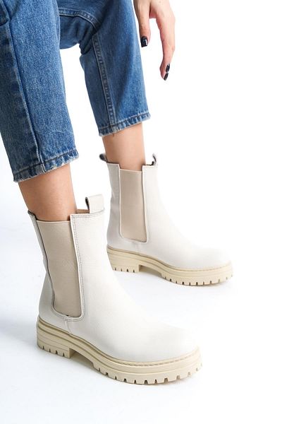 Modabuymus Kami Beige Matte Elastic Genuine Leather Daily Chelsea Boots
