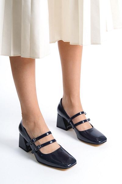 Modabuymus Culia Navy Blue Patent Leather Mary Jane Double Band Blunt Toe Heeled Shoes