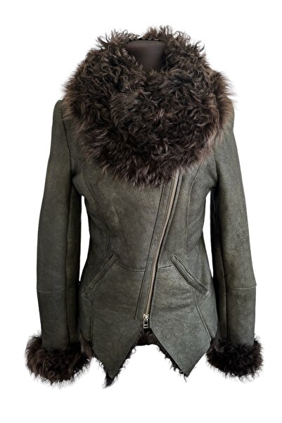 asus deri CLARA - سترة نسائية من فرو خروف أصلي أخضر معدني