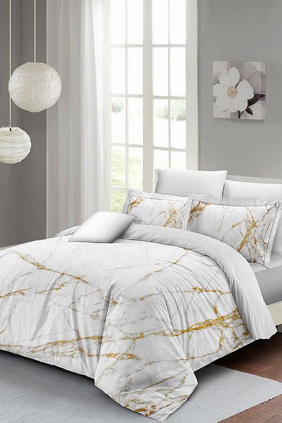 MonoHome King Size 3D Cotton Satin Duvet Cover Set - Marble Shiny, Double, 220X240Cm