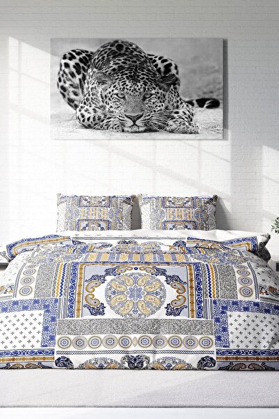 MonoHome Double King Size Blue Patchwork Duvet Cover Set - 3D Cotton Satin 220X240Cm