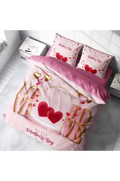 MonoHome Set cuvertură de pilota dublă din satin de bumbac pentru Ziua Îndrăgostiților King Size Happy Valentine's Day 220x240cm