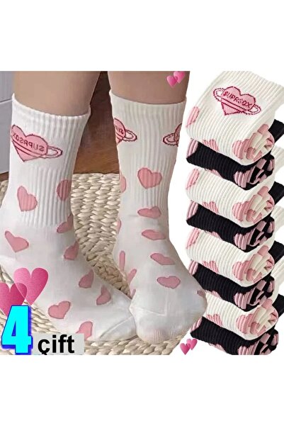 çorapmanya 4 Çift Havlu Kışlık Dikişsiz Kadın Çok Renkli Aşk / Kalp Desenli Kolej Çorap