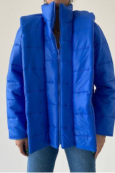 vuvutasarım Saks Blue Hooded Designed Puffer Jacket with Pocket Detail 200