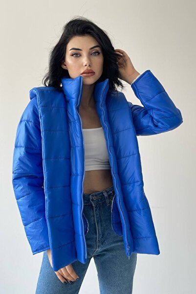 vuvutasarım Μπουφάν Saks Blue Hooded Designed Puffer Jacket with Pocket Detail 200