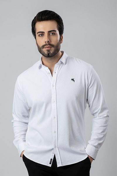 Polo Air Men's Shirt Slimfit Lycra Fabric Long Sleeve PA-180 White Color Navy Blue Logo