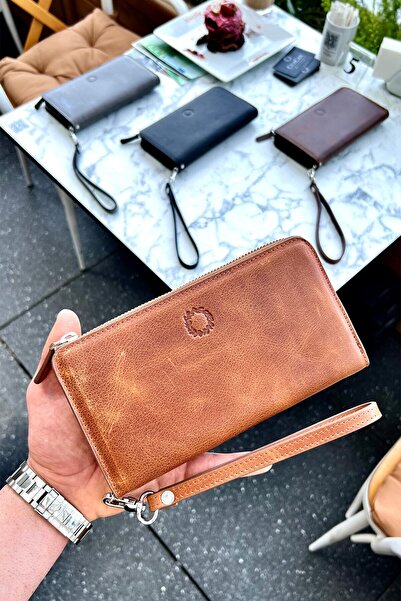 CüzCan Swany Antik Taba Hakiki Deri Tek Fermuarlı Telefon Cüzdanı El Çantası Unisex