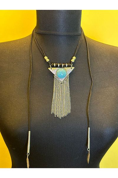 Gönülden Tasarım TURQUOISE STONE LEATHER STRAP CHAIN TASSEL AUTHENTIC NECKLACE NECK 15 CM