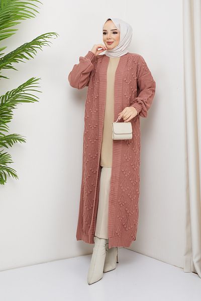 Pamuk Butik Γυναικεία Πλεκτά Ολόσωμη Ζακέτα με μοτίβο κερασιού Dusty Rose