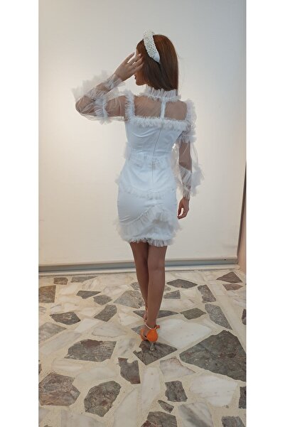serpildinc Tasarım Tül Detaylı Beyaz Nikah& After Party&Mezuniyet Elbisesi