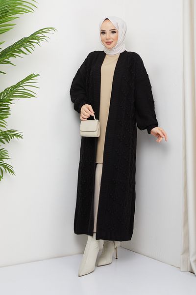 Pamuk Butik Γυναικεία Πλεκτά Ολόσωμη Ζακέτα με σχέδιο Cherry Μαύρη