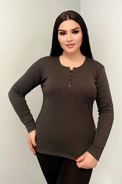 Siyezen Βαμβακερή μπλούζα μεγάλου μεγέθους με λεπτομέρεια κουμπιών, καπνιστή