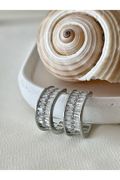 Maris by Deniz Double row baguette rhinestones, plain string half hoop earrings