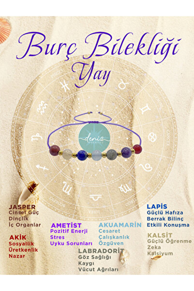 Deniz Doğal Taş Doğal Taş Yay Burç Bilekliği Jasper-Ametist-Akik-Akuamarin-Labradorit-Kalsit-Lapis