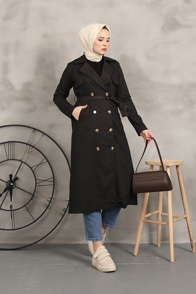 CLB COLLECTION Double Breasted Collar Belted Long Trench Coat