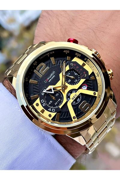 Comwatch Steel Cord Men's Classic Wristwatch with Stopwatch and Calendar Gold and Black Color 3007-ggbg