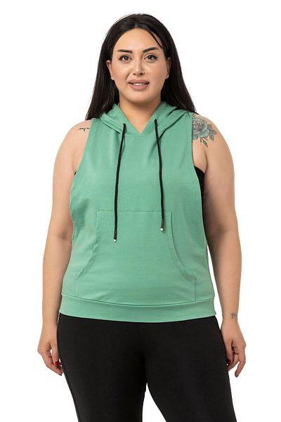 DISENTIS MODEST Large Size Kangaroo Pocket Hooded Wide Sleeve Mint Green T-shirt