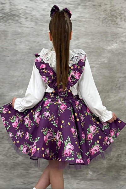 Riccotarz Girl's Guipure Embroidered Blouse and Flowers Printed Purple Salopet Set