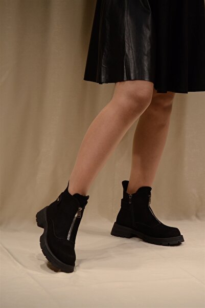 Isy KADIN SİYAH SÜET ÖNÜ FERMUARLI İÇİ KÜRKLÜ KALIN TABAN BOT&BOOTİE