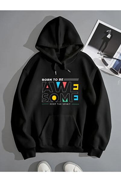 mw memowear Unisex 2ip Raster AWE SOME εμπριμέ μαύρο φούτερ oversize