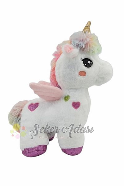 Şeker Adası Pink Heart Unicorn Horse with Wings 35 cm Toy White Plush Pony Horse Sleeping and Playmate Food