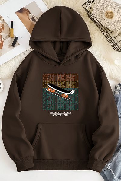 qavnas Φούτερ Unisex 2ip Raised SKATE BOARD Καφέ Oversize