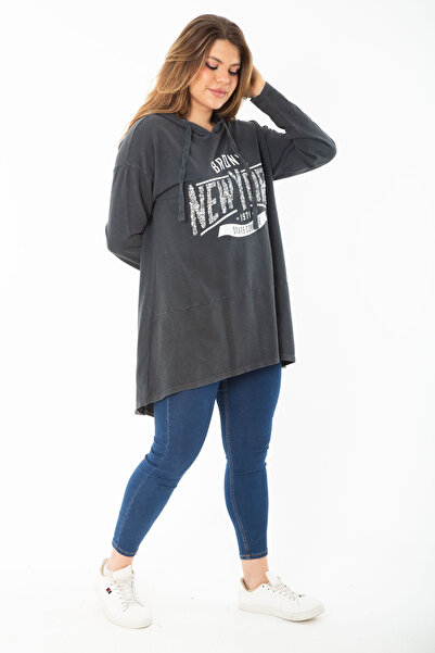 Şans Women's Large Size Smoked Sequin and Print Detailed Hooded Long Back Sweatshirt 65N37433