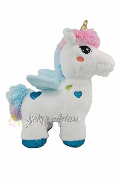 Şeker Adası Kanatlı Mavi Kalpli Unicorn At 35 Cm Oyuncak Beyaz Peluş Pony At ...