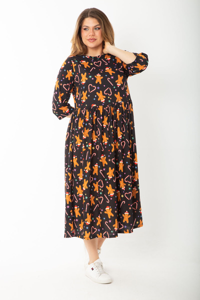 Şans Rochie cu mâneci capri cu talie strânsă cu imprimeu de Crăciun neagră de mărime Plus pentru femei 65N37427