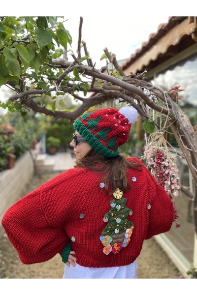 ORGANICMIRA Yılbaşı Crop Hırka ve Şapka Eldiven Takım Kırmızı Yeni Yıl Ceket Merry Christmas Özel Tasarım Chunky