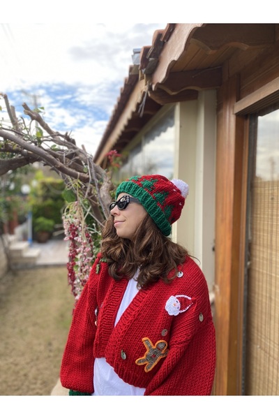 ORGANICMIRA Yılbaşı Crop Hırka ve Şapka Eldiven Takım Kırmızı Yeni Yıl Ceket Merry Christmas Özel Tasarım Chunky