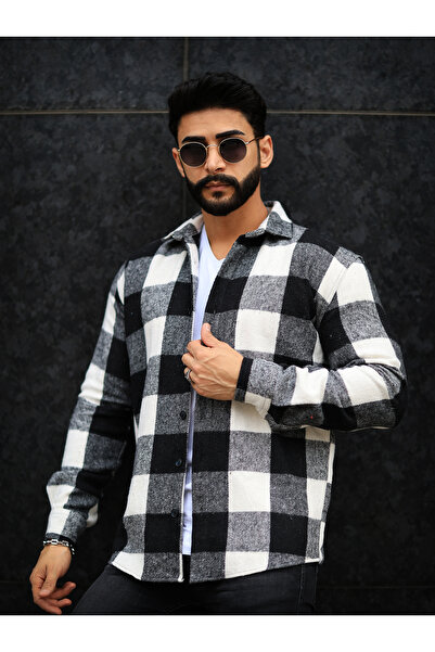 Esra Butik Hane Чоловіча бавовняна зимова сорочка лісоруба чорно-біла картата куртка
