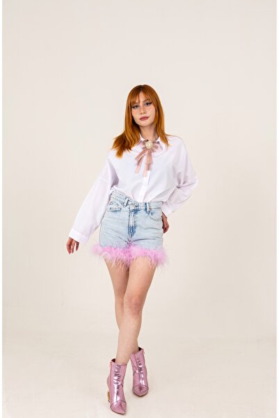 Ceylin Ceylan Açık Pembe Tüylü Kot Şort