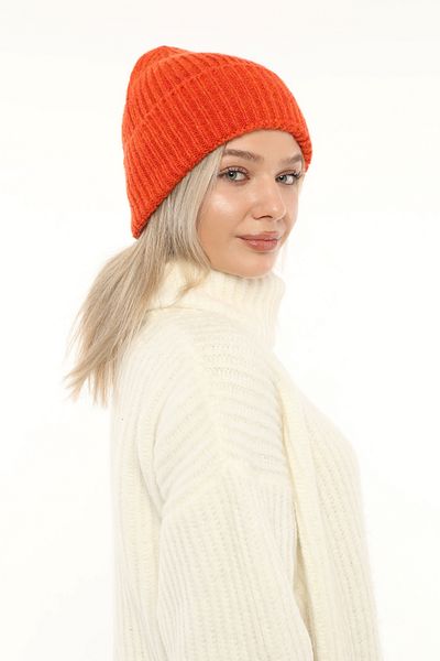 Aghilo Orange Women's Winter Ribbed Wool Beanie