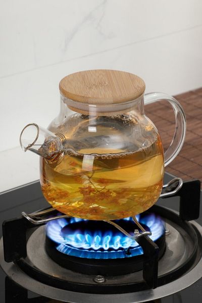 Comprox Cambu Bamboo Elegance, Flat Model 1000 ml Glass Teapot with Strainer Herbal Teas, Borosilicate, Jug