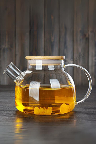 Comprox Cambu Bamboo Elegance, Flat Model 1000 ml Glass Teapot with Strainer Herbal Teas, Borosilicate, Jug