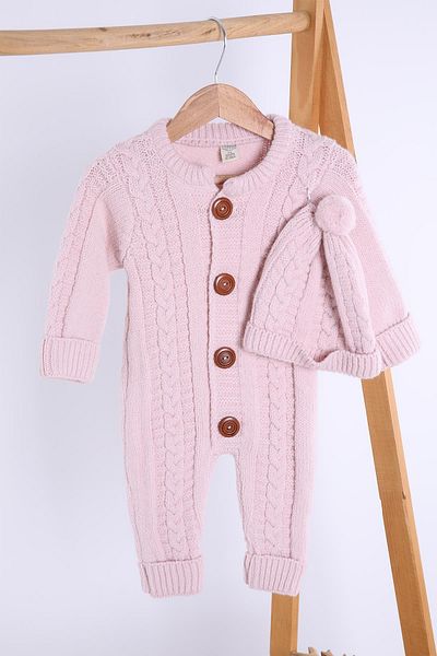 Babyhola 100% Thick Knitwear Girl Boy Baby Kids Winter Beret Jumpsuit Set 5711