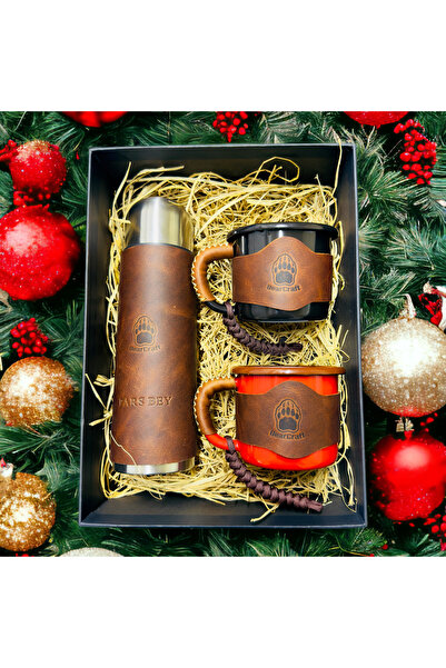 BearCraft Termos ve 2’Li Emaye Bardak Seti (Hakiki Deri kılıflı)