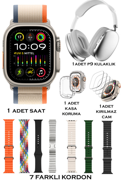 TECHNOMEN Akıllı Saat Y60 Ultra Plus 49mm P9 Bluetooth Kulaklık 7 Kordon Kasa Koruma Kırılmaz Cam Hediye