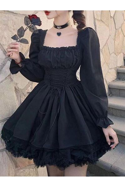 Planet Butik Black Balloon Sleeve Gothic Lace Detailed Dress