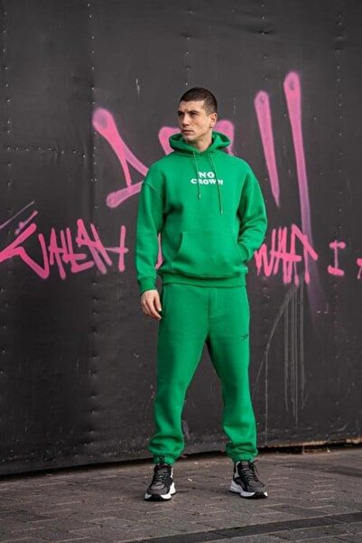 HYPERS No Crown Baskılı Yeşil Kapüşonlu Oversize Sweatshirt