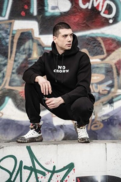 HYPERS No Crown Baskılı Siyah Kapüşonlu Oversize Sweatshirt