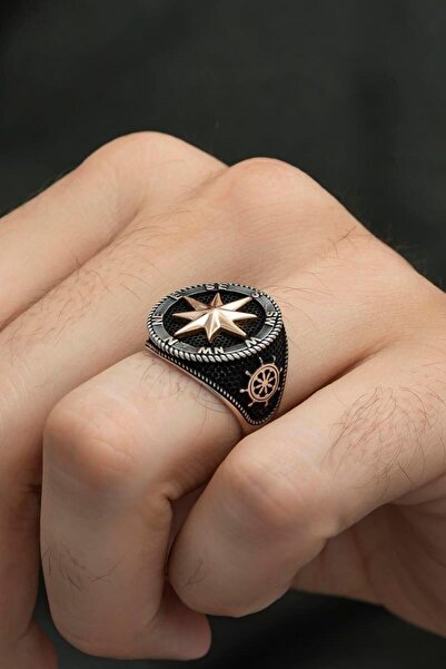 YÜZÜK SANATI Pusula Desenli Çapa Gemici 925 Gümüş Alyans Yüzük