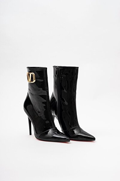 AYAKKABI PRENSİ Eleganza V Detaylı Siyah Rugan 10 Cm Kadın Bot & Bootie, Topuklu Ayakkabı