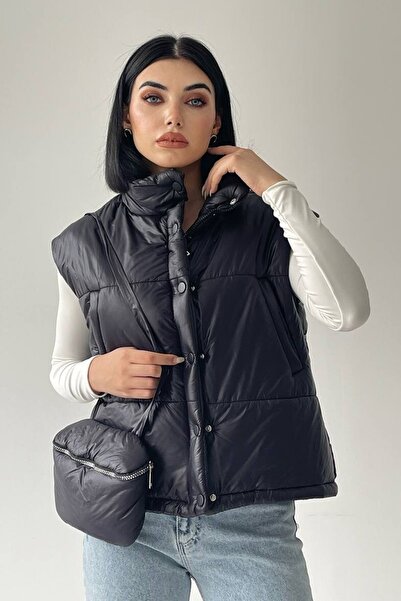 vuvutasarım Μαύρο αθλητικό φουσκωτό γιλέκο με σχέδιο τσέπης τσάντας 201