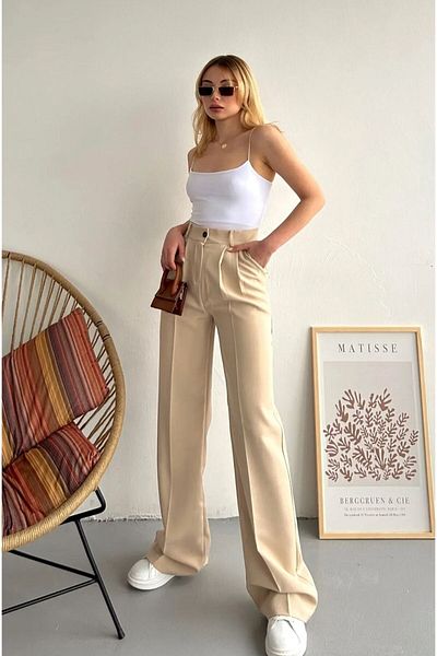 LAMİRAMOOD Pantaloni cu nasturi din stofă Palazzo Beige