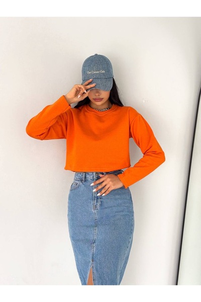 Buteks Kadın Pamuklu Bisiklet Yaka Şardonlu Oversize Uzun Kol Crop Siyah Swea...