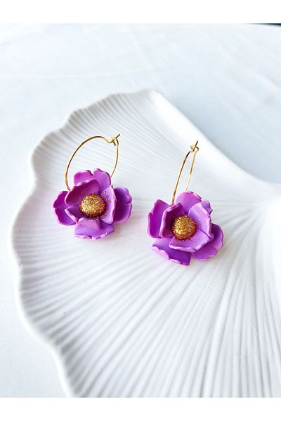 TREND Glitter Purple Floral Modern Polymer Hoop Earrings